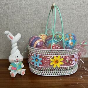 VTG Easter Bunny Figurine With Flower‎ Wire Basket And Colorful Ceramic Eggs